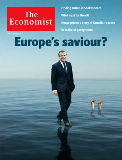 20170617_emmanuel-macron-economist-cover-2017 Emmanuel Macron walking on water from cover of The Economist 2017