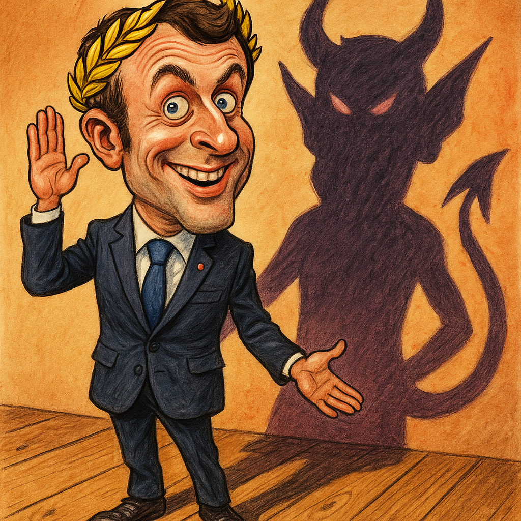 is-emmanuel-macron-the-antichrist Is Emmanuel Macron the Antichrist? - comical illustration on stage casting shadow of the Devil.